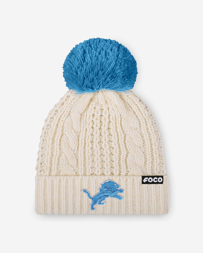 Detroit Lions Womens Primary Logo White Cable Knit Pom Beanie FOCO - FOCO.com