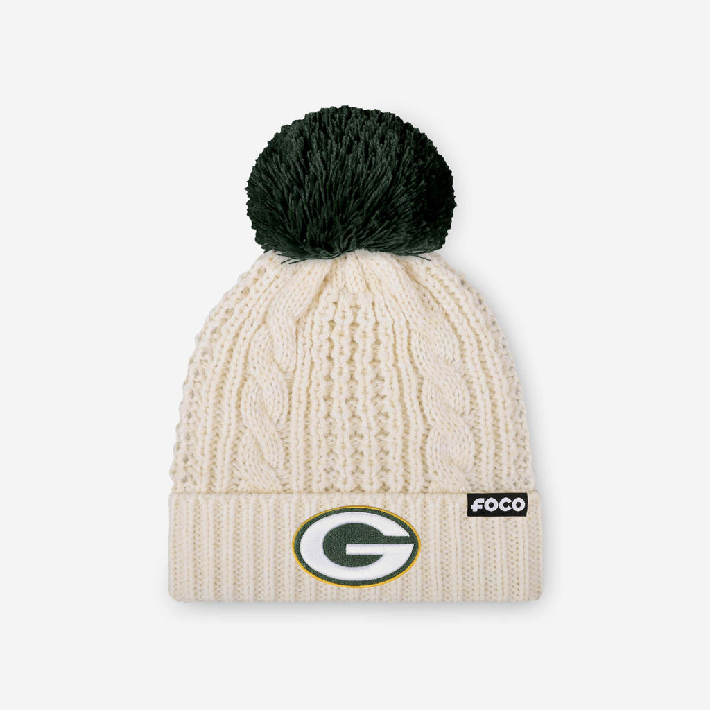 Green Bay Packers Womens Primary Logo White Cable Knit Pom Beanie FOCO - FOCO.com