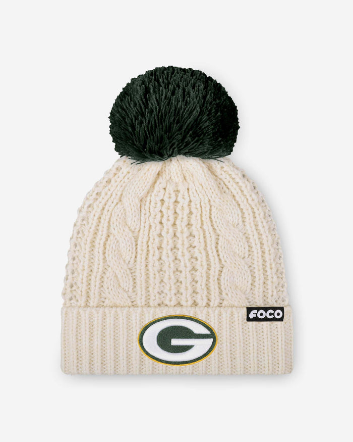 Green Bay Packers Womens Primary Logo White Cable Knit Pom Beanie FOCO - FOCO.com