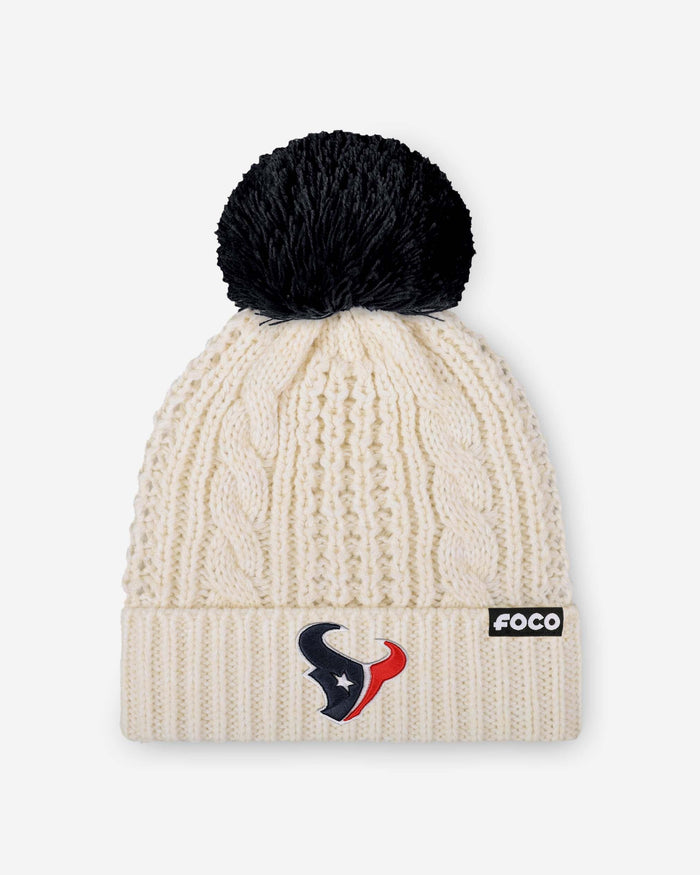 Houston Texans Womens Primary Logo White Cable Knit Pom Beanie FOCO - FOCO.com