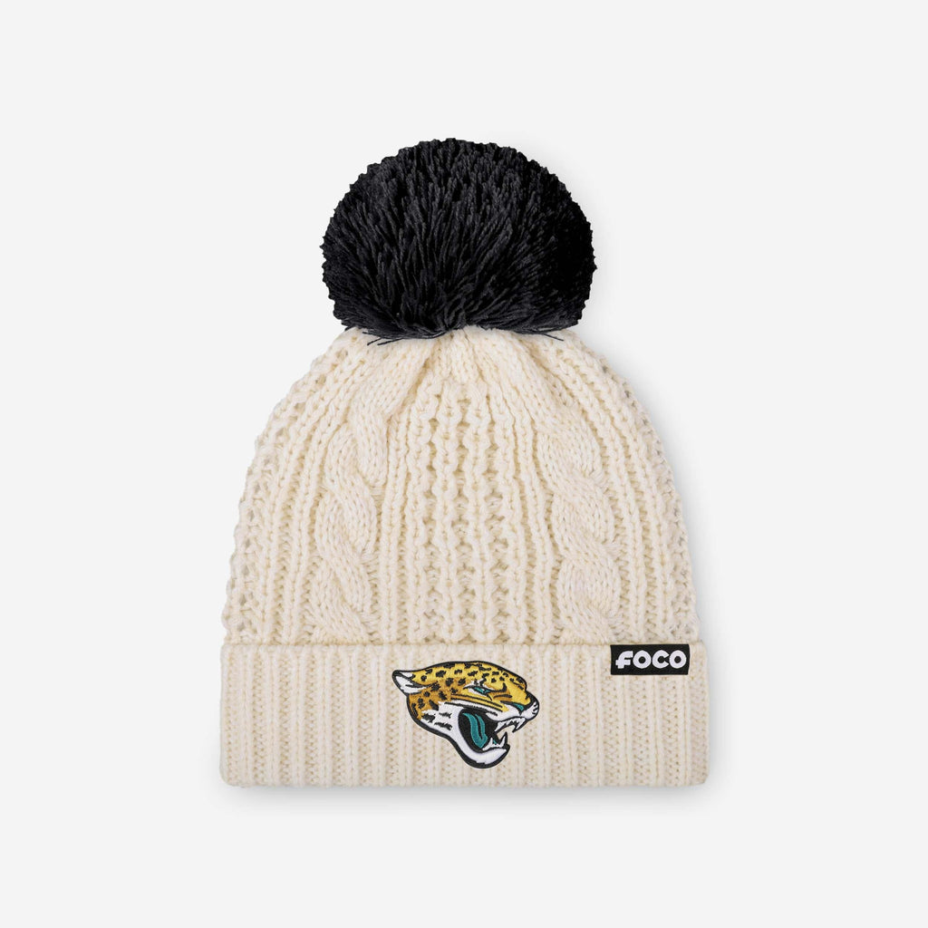 Jacksonville Jaguars Womens Primary Logo White Cable Knit Pom Beanie FOCO - FOCO.com