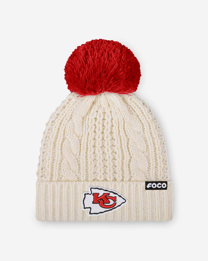 Kansas City Chiefs Womens Primary Logo White Cable Knit Pom Beanie FOCO - FOCO.com