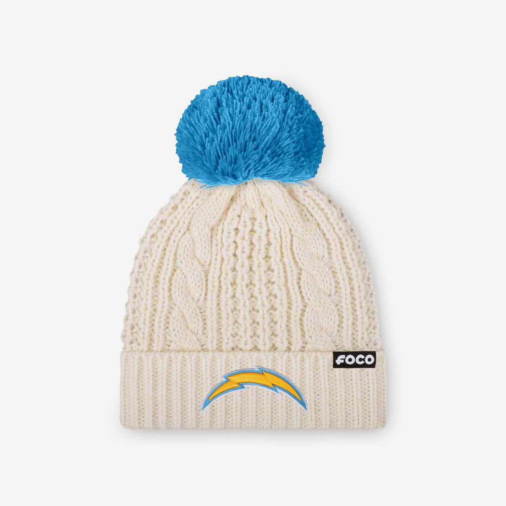 Los Angeles Chargers Womens Primary Logo White Cable Knit Pom Beanie FOCO - FOCO.com