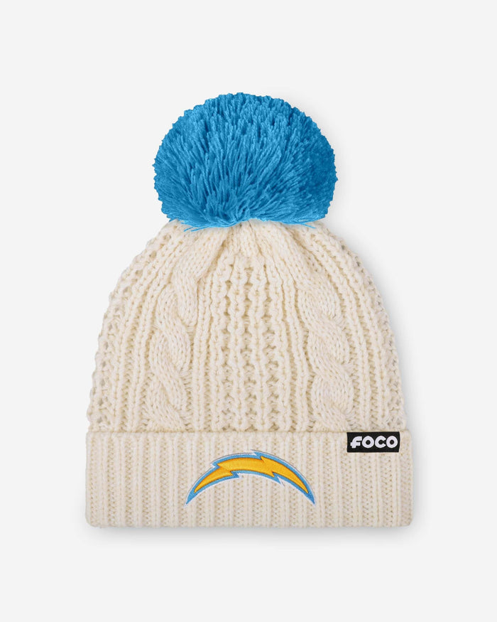 Los Angeles Chargers Womens Primary Logo White Cable Knit Pom Beanie FOCO - FOCO.com