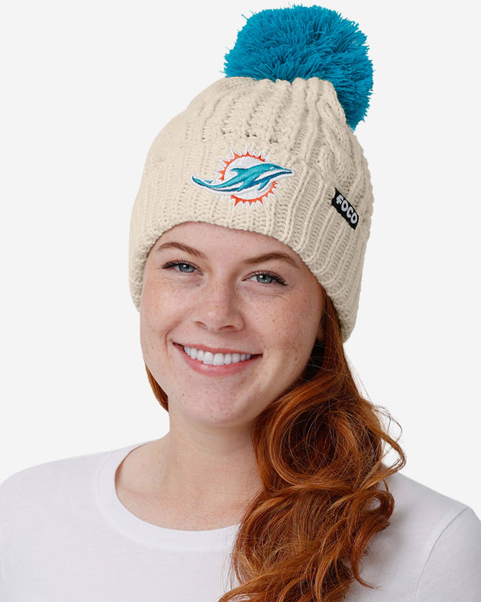 Miami Dolphins Womens Primary Logo White Cable Knit Pom Beanie FOCO - FOCO.com