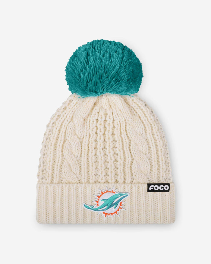 Miami Dolphins Womens Primary Logo White Cable Knit Pom Beanie FOCO - FOCO.com