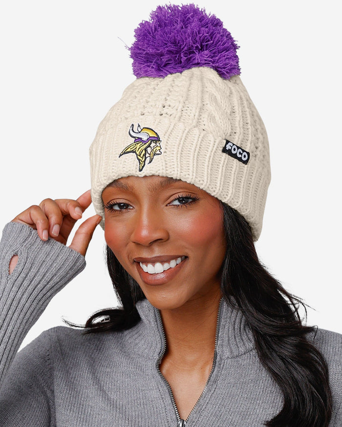 Minnesota Vikings Womens Primary Logo White Cable Knit Pom Beanie FOCO - FOCO.com