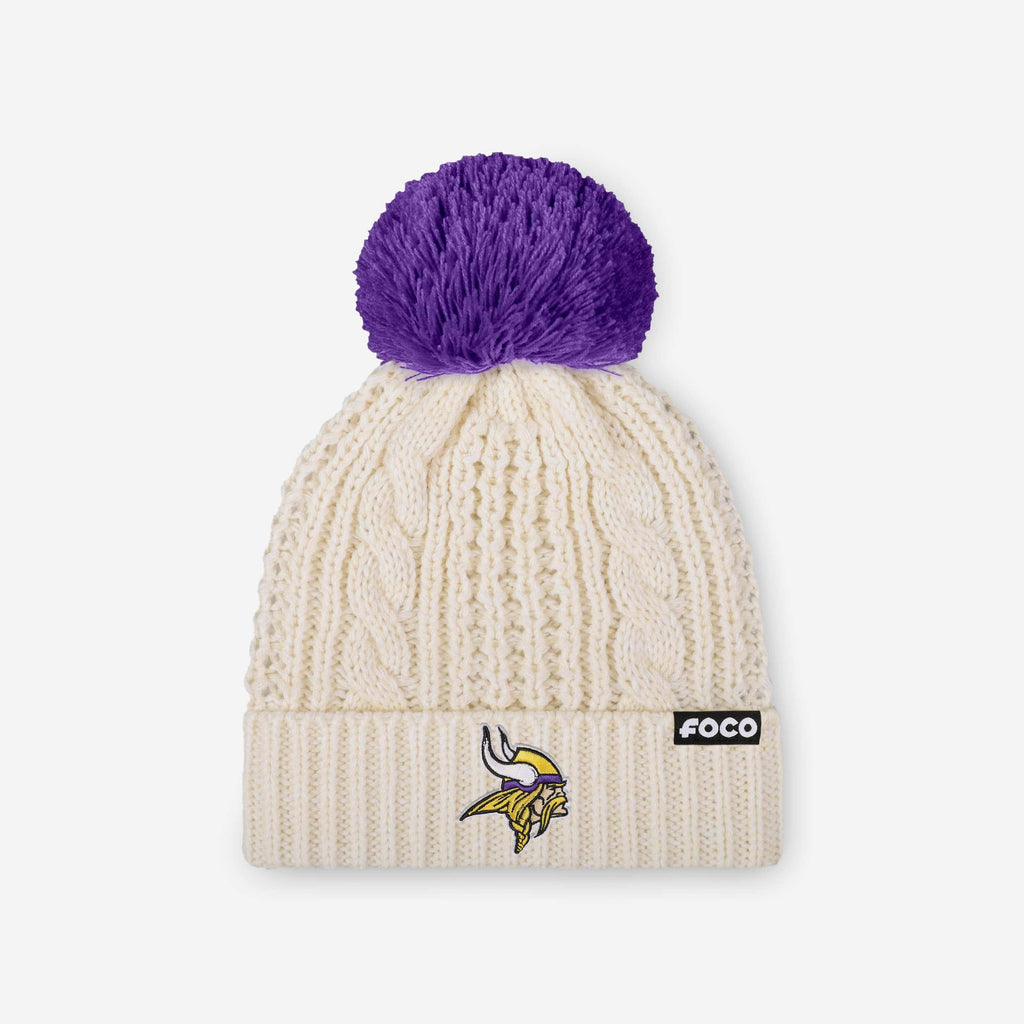 Minnesota Vikings Womens Primary Logo White Cable Knit Pom Beanie FOCO - FOCO.com