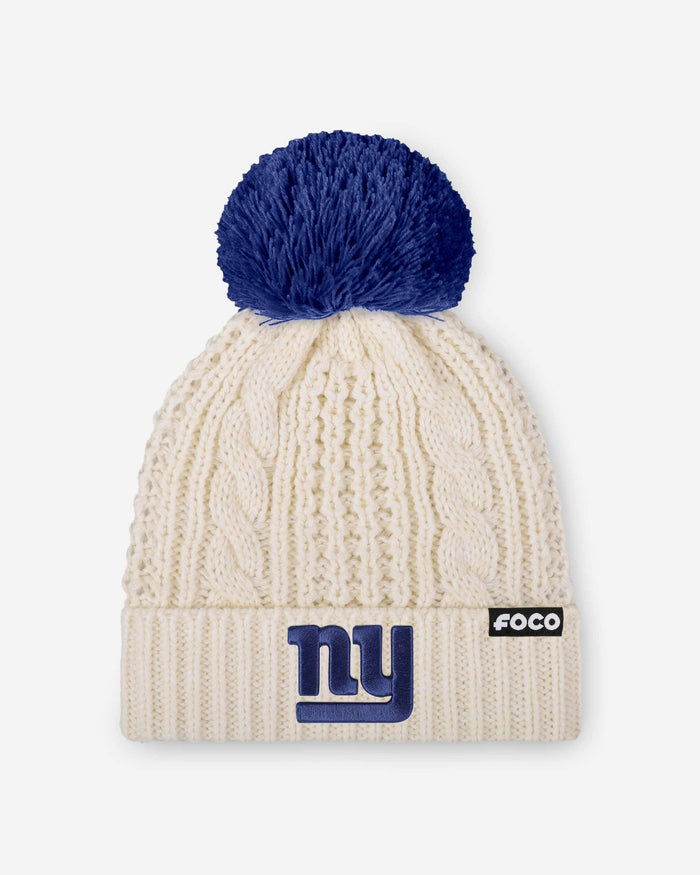 New York Giants Womens Primary Logo White Cable Knit Pom Beanie FOCO - FOCO.com