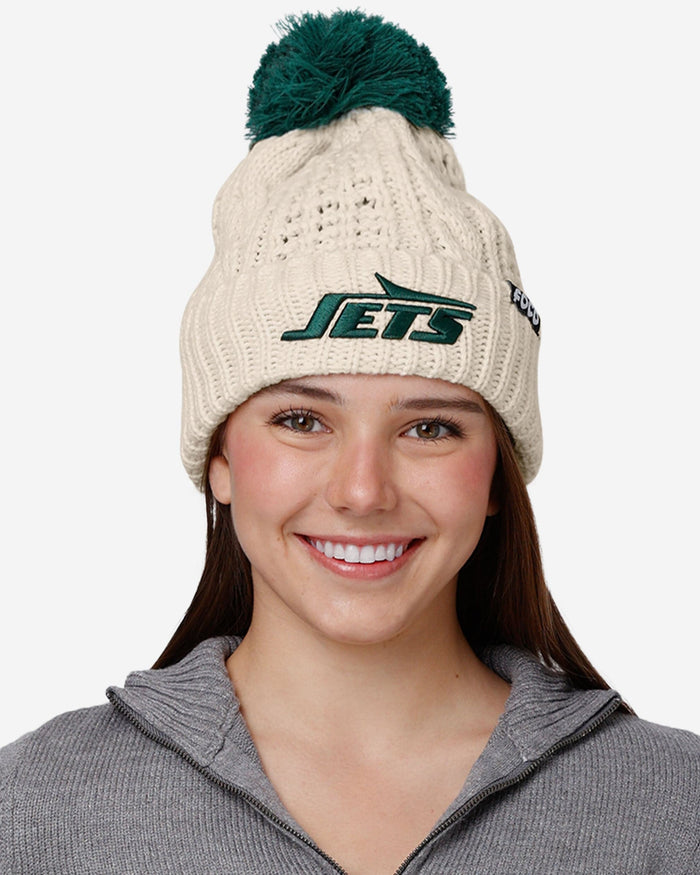 New York Jets Womens Primary Logo White Cable Knit Pom Beanie FOCO - FOCO.com