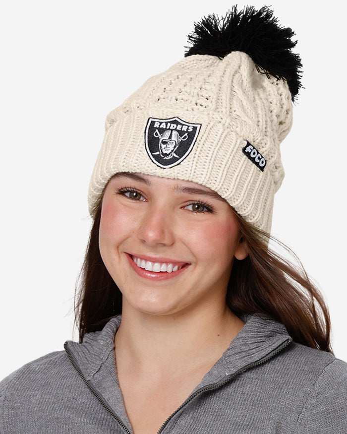 Las Vegas Raiders Womens Primary Logo White Cable Knit Pom Beanie FOCO - FOCO.com