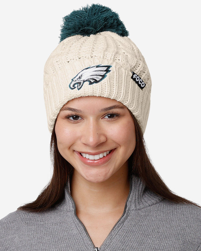 Philadelphia Eagles Womens Primary Logo White Cable Knit Pom Beanie FOCO - FOCO.com