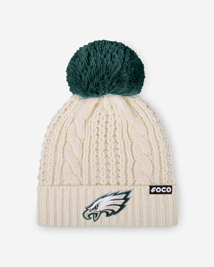 Philadelphia Eagles Womens Primary Logo White Cable Knit Pom Beanie FOCO - FOCO.com