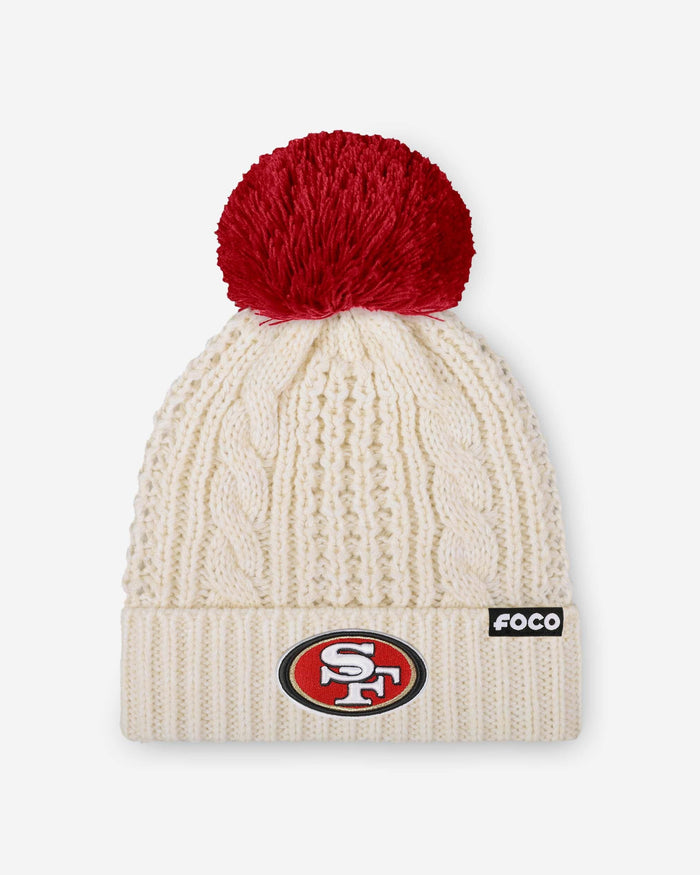 San Francisco 49ers Womens Primary Logo White Cable Knit Pom Beanie FOCO - FOCO.com