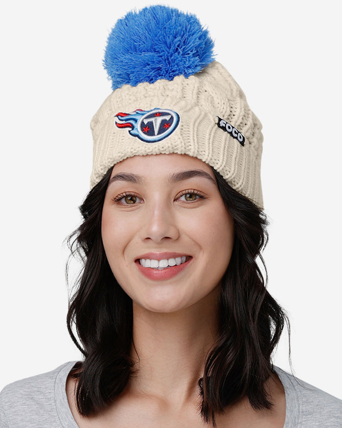 Tennessee Titans Womens Primary Logo White Cable Knit Pom Beanie FOCO - FOCO.com