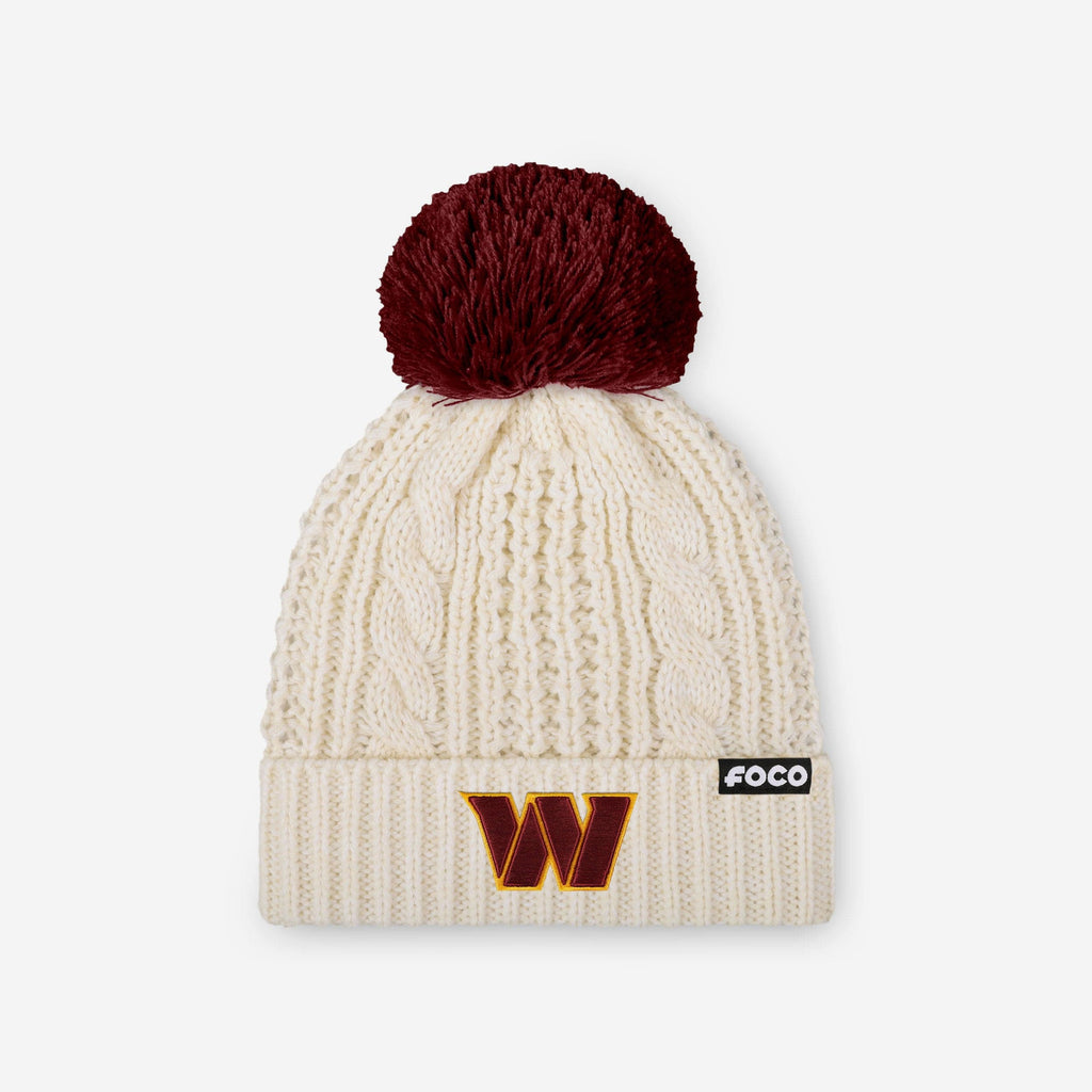 Washington Commanders Womens Primary Logo White Cable Knit Pom Beanie FOCO - FOCO.com