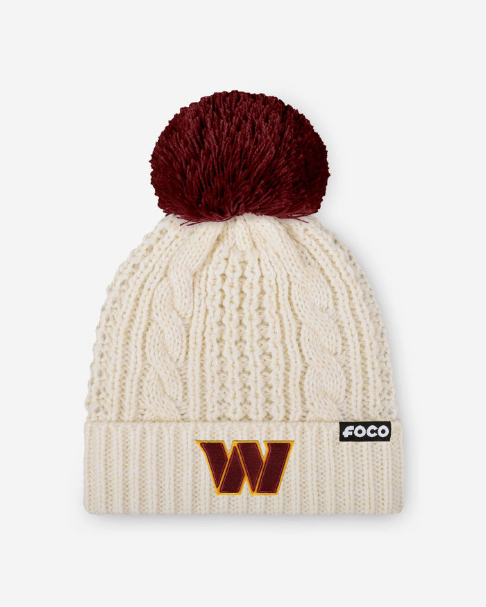 Washington Commanders Womens Primary Logo White Cable Knit Pom Beanie FOCO - FOCO.com