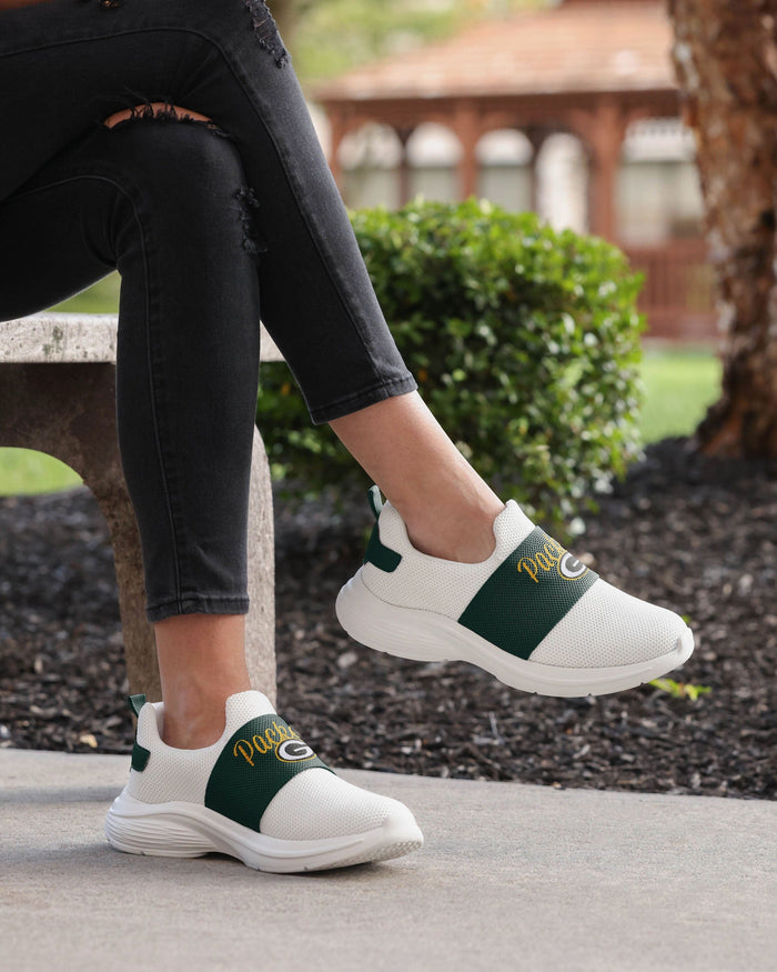 Green Bay Packers Womens Script Wordmark White Slip On Sneakers FOCO - FOCO.com