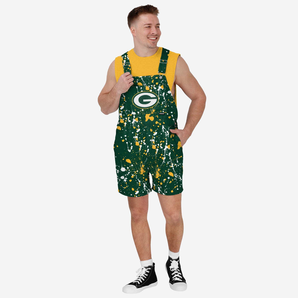 Green Bay Packers Mens Paint Splatter Bib Shortalls FOCO S - FOCO.com