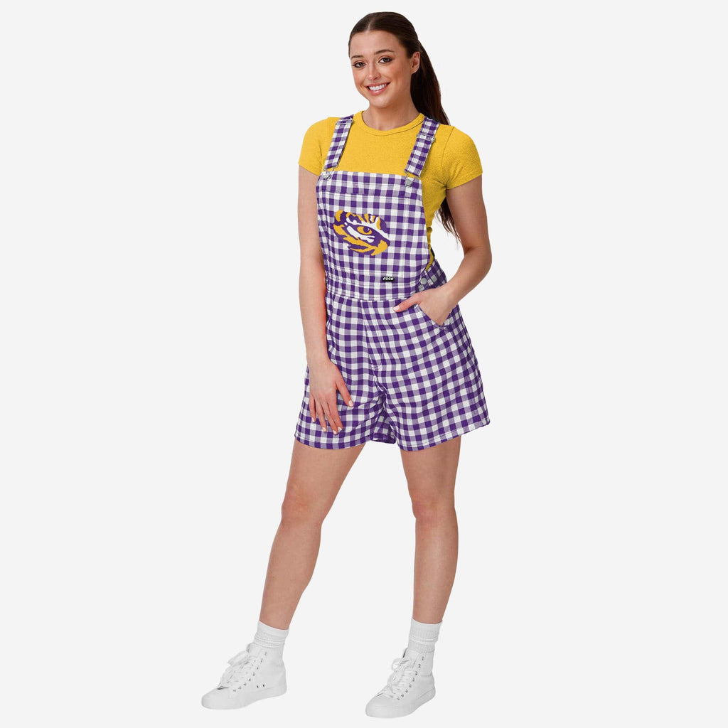 LSU Tigers Womens Gingham Check Bib Shortalls FOCO XS - FOCO.com