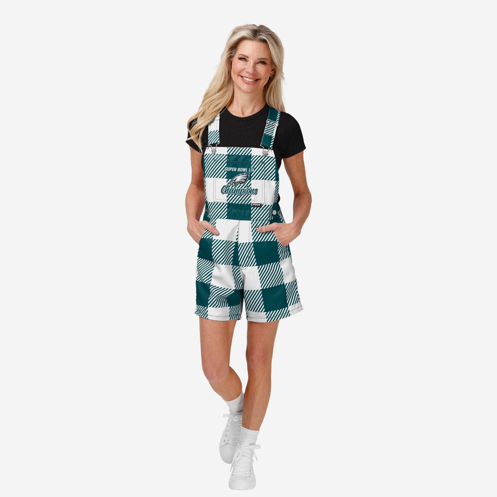 Philadelphia Eagles Super Bowl LIX Champions Womens Plaid Bib Shortalls FOCO XS - FOCO.com