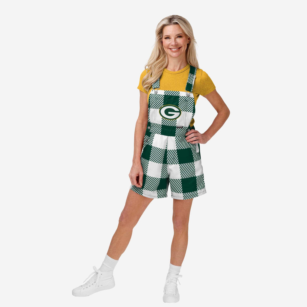 Green Bay Packers Womens Plaid Bib Shortalls FOCO XS - FOCO.com