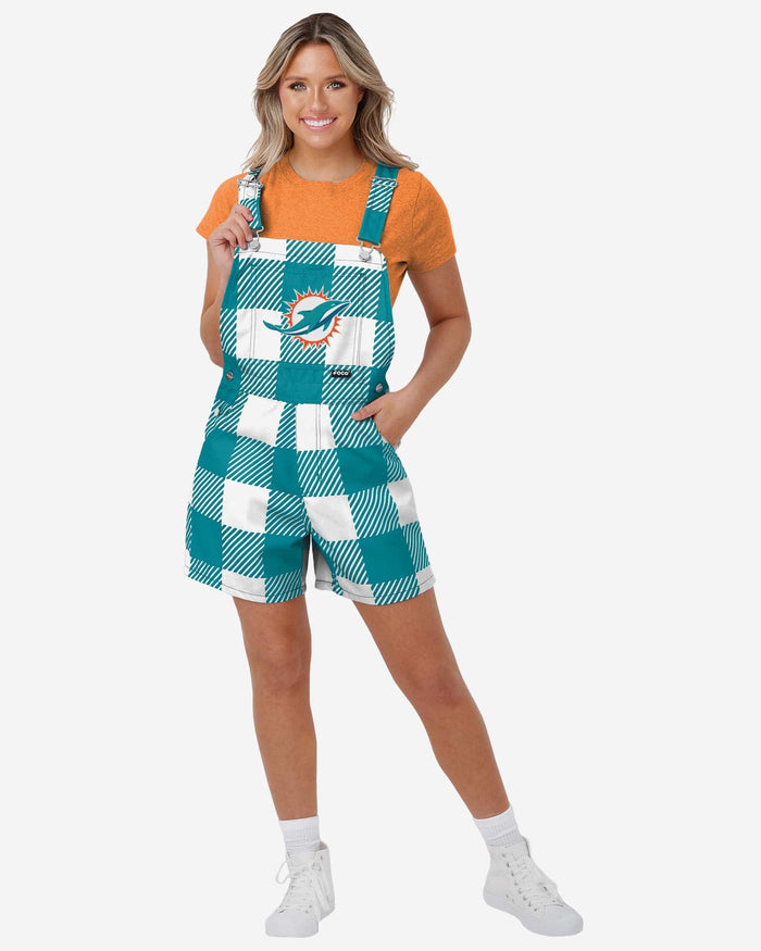 Miami Dolphins Womens Plaid Bib Shortalls FOCO XS - FOCO.com