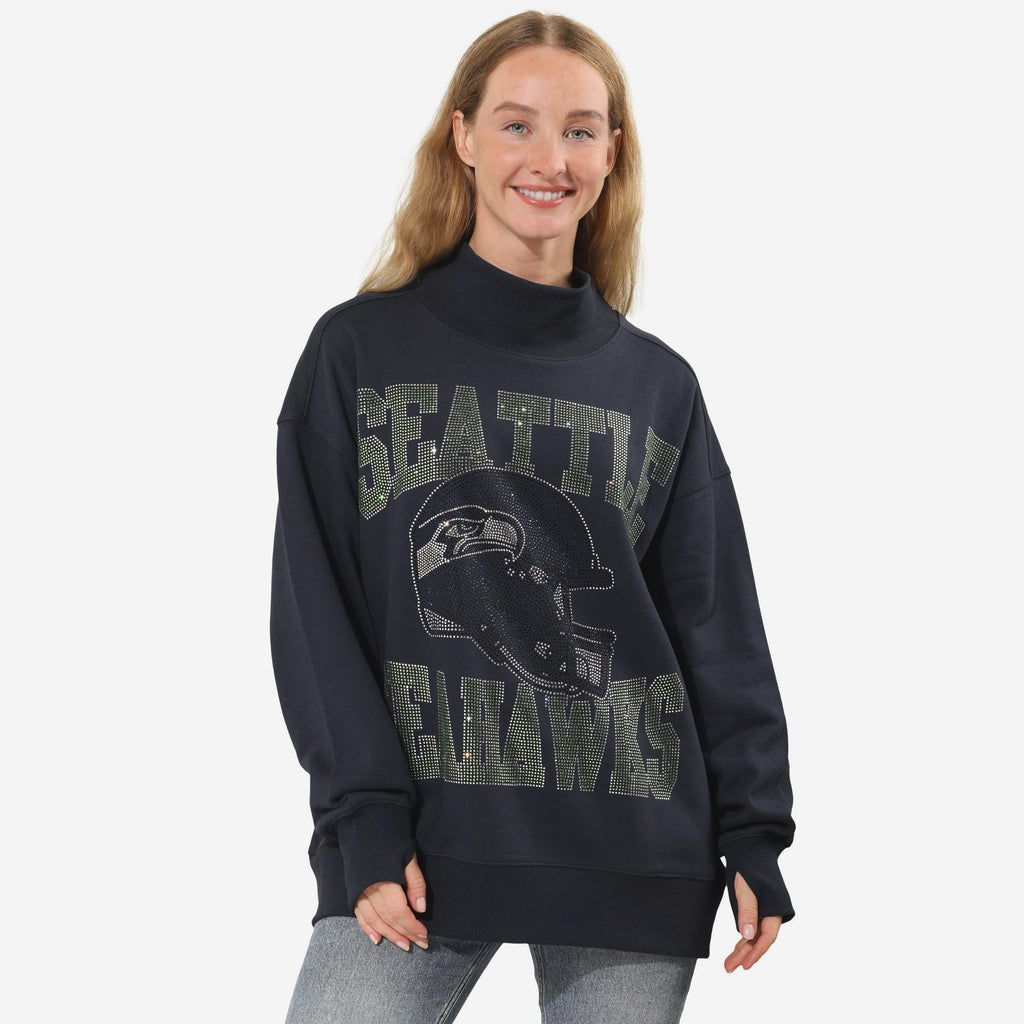 Seattle Seahawks Rhinestone Logo Mock Neck Oversized Sweater FOCO S - FOCO.com