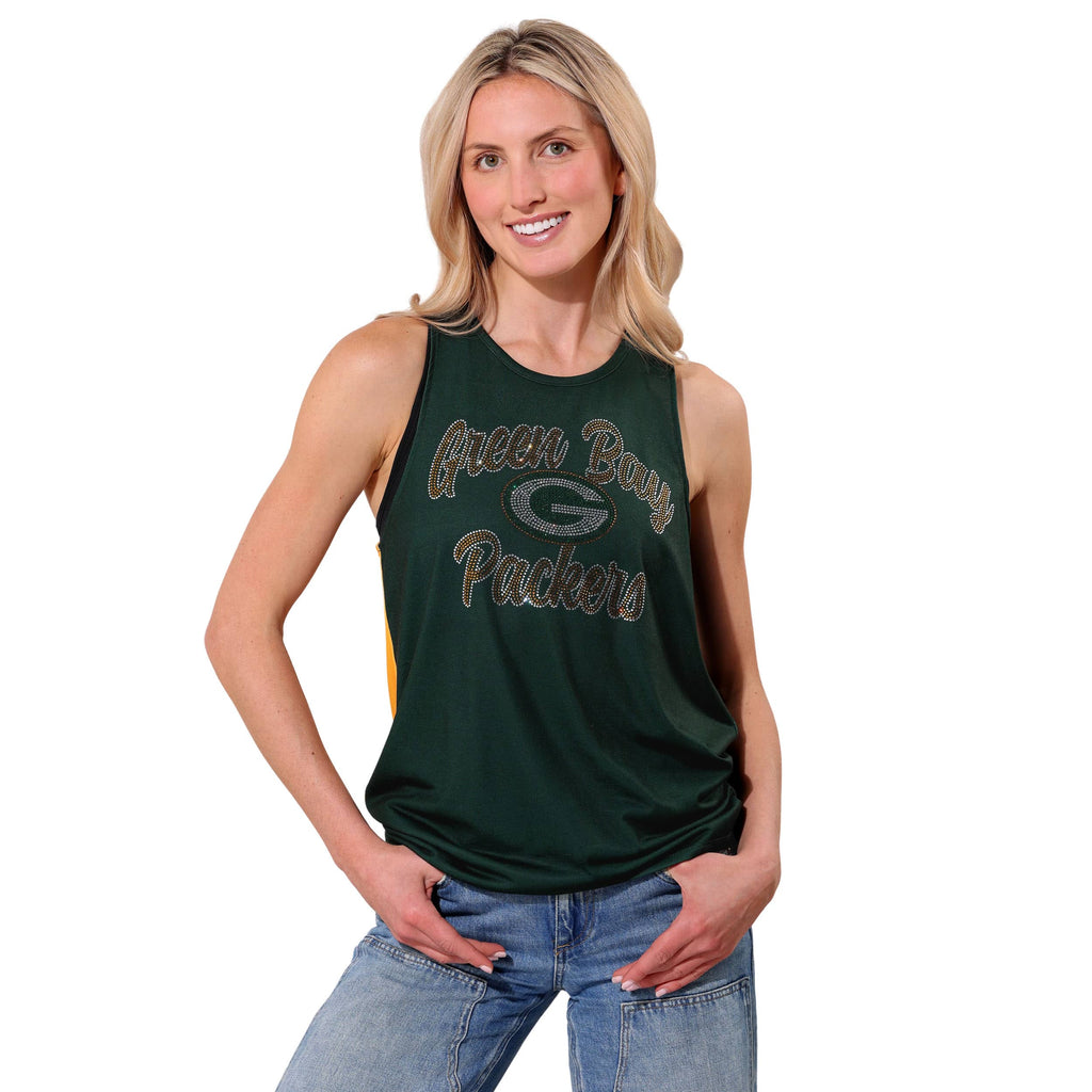 Green Bay Packers Rhinestone Tie-Breaker Sleeveless Top