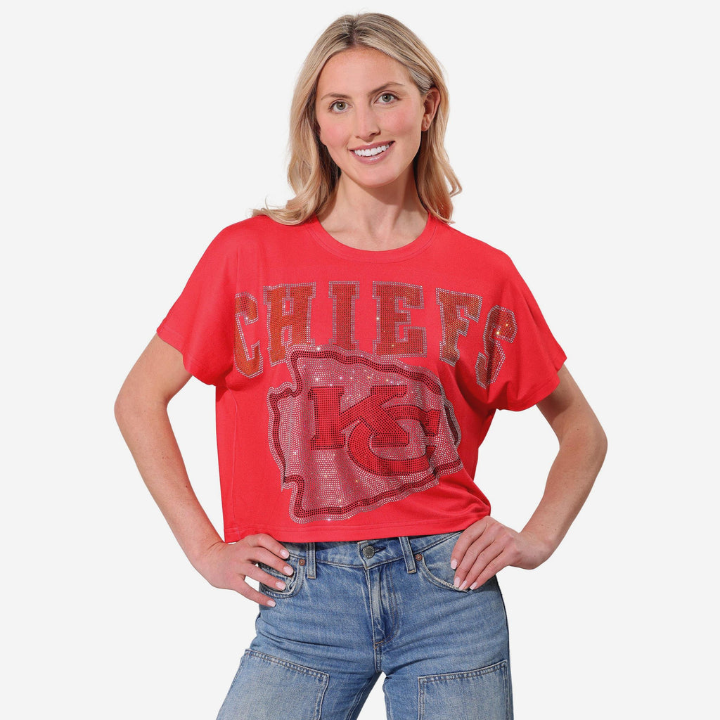 Kansas City Chiefs Big Wordmark Rhinestone Crop Top FOCO S - FOCO.com
