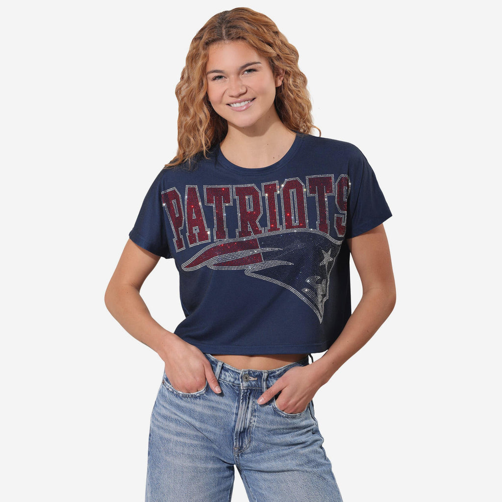 New England Patriots Big Wordmark Rhinestone Crop Top FOCO S - FOCO.com
