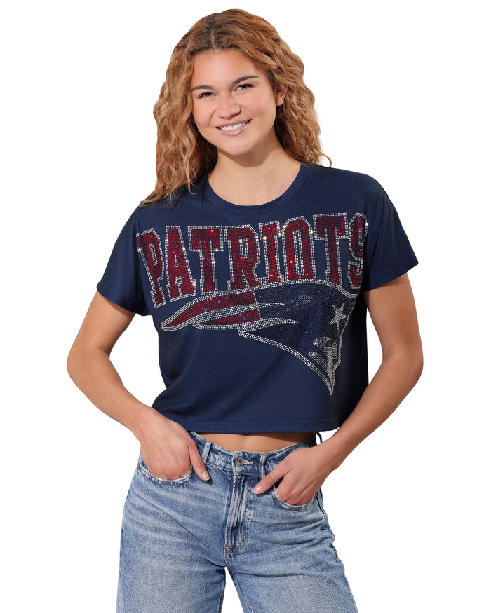 New England Patriots Big Wordmark Rhinestone Crop Top FOCO S - FOCO.com