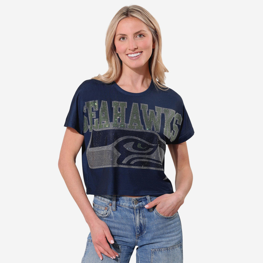 Seattle Seahawks Big Wordmark Rhinestone Crop Top FOCO S - FOCO.com