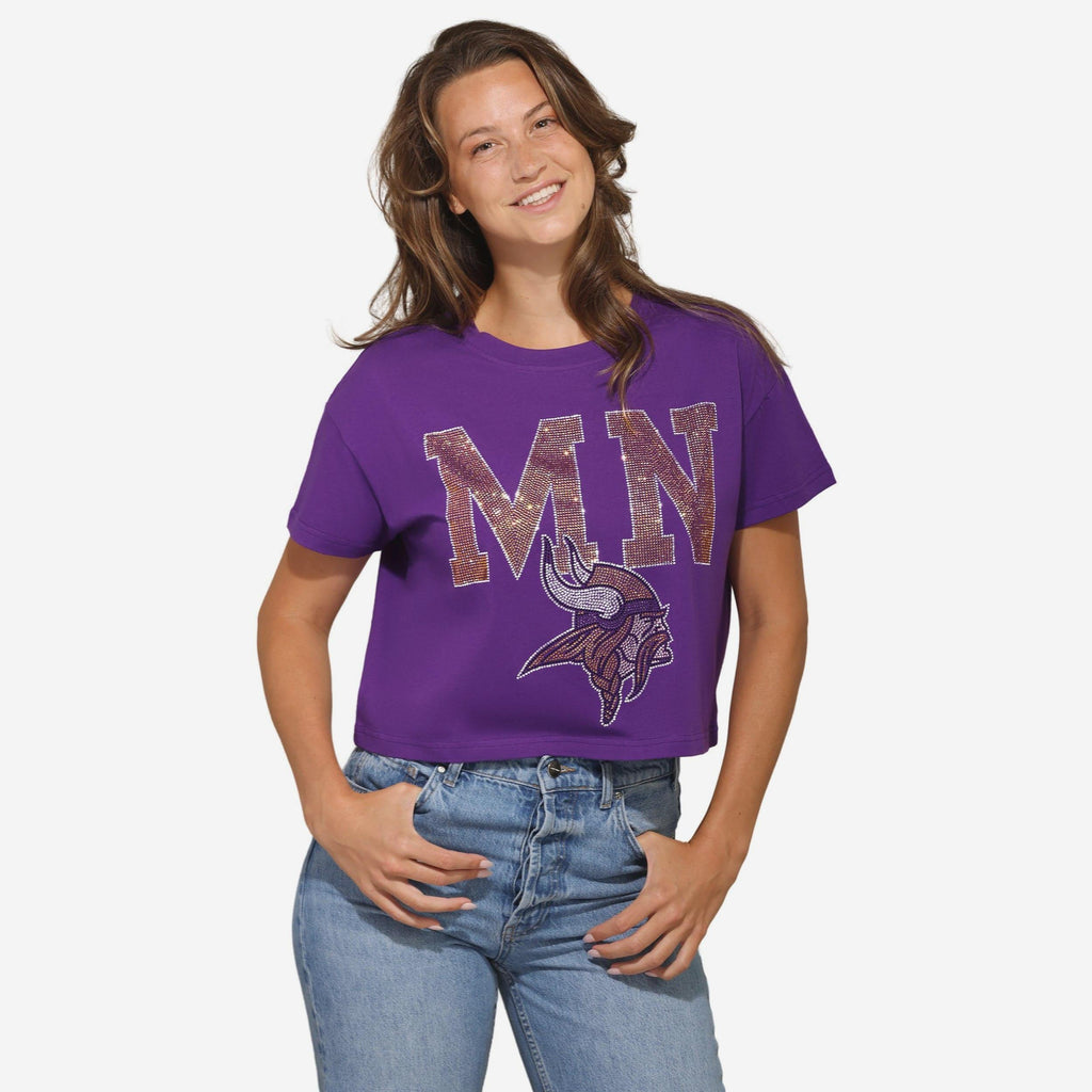 Minnesota Vikings Womens Rhinestone Logo Crop Top FOCO S - FOCO.com