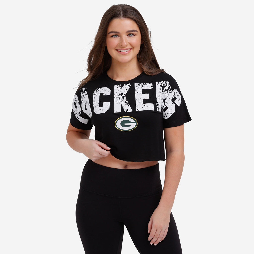 Green Bay Packers Womens Distressed Wordmark Crop Top FOCO S - FOCO.com