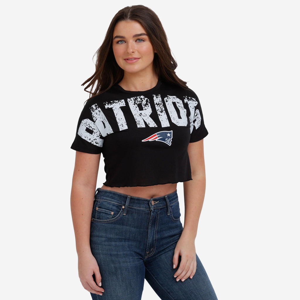 New England Patriots Womens Distressed Wordmark Crop Top FOCO S - FOCO.com