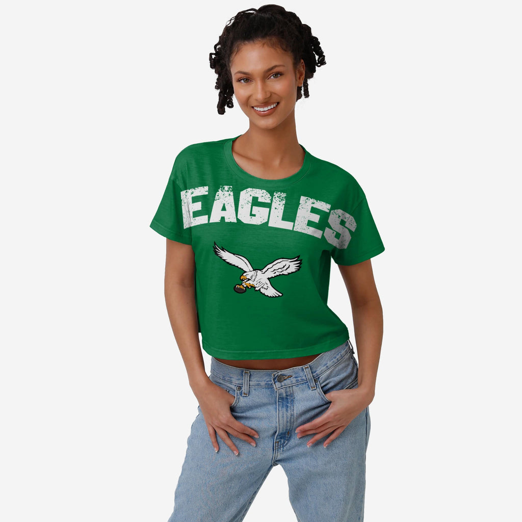 Philadelphia Eagles Kelly Green Womens Distressed Wordmark Crop Top FOCO XS - FOCO.com