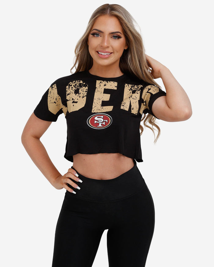 San Francisco 49ers Womens Distressed Wordmark Crop Top FOCO S - FOCO.com