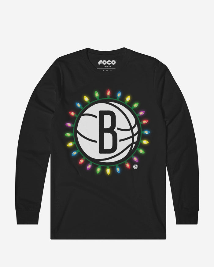 Brooklyn Nets Primary Logo Holiday Lights Long Sleeve T-Shirt FOCO S - FOCO.com