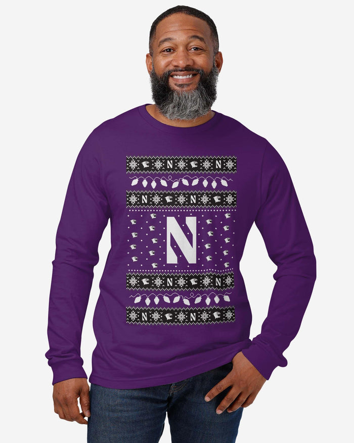 Northwestern Wildcats Holiday Lights Sweater Long Sleeve T-Shirt FOCO - FOCO.com