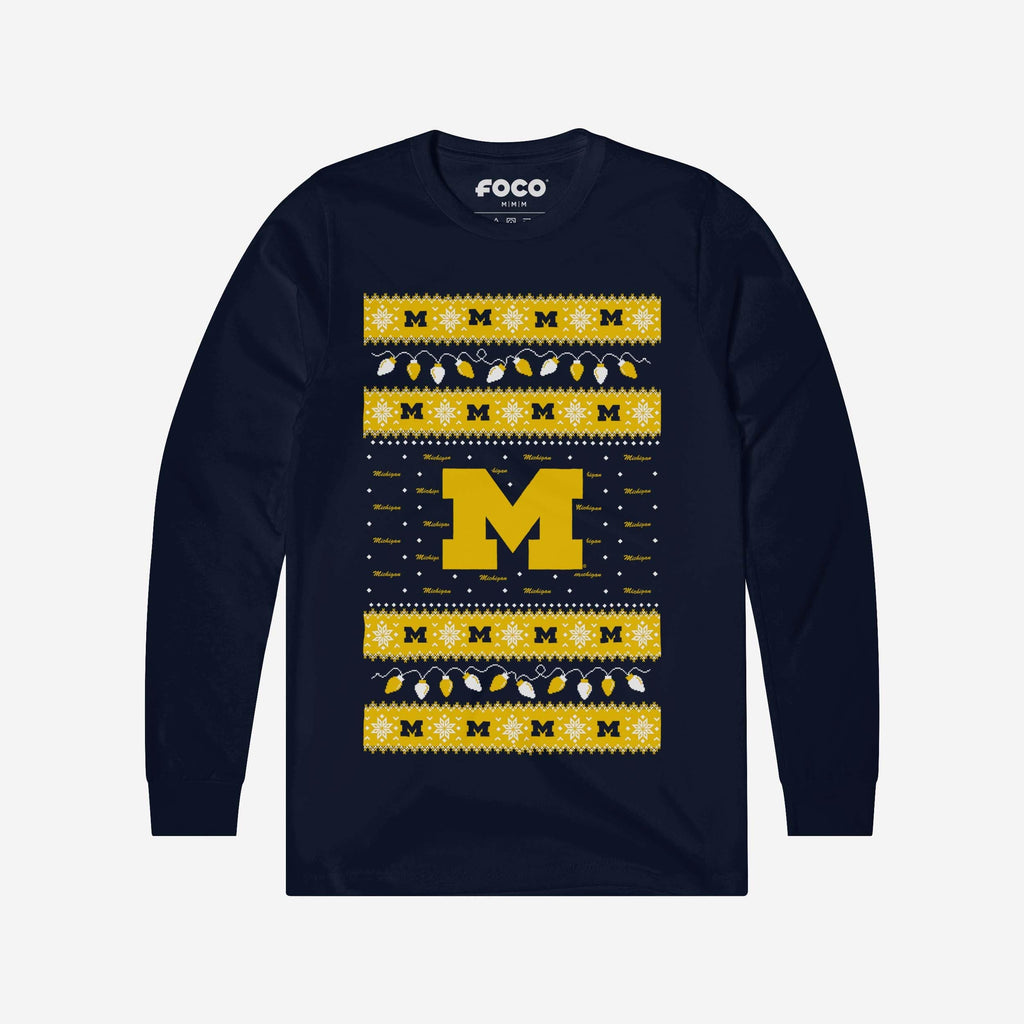 Michigan Wolverines Holiday Lights Sweater Long Sleeve T-Shirt FOCO S - FOCO.com