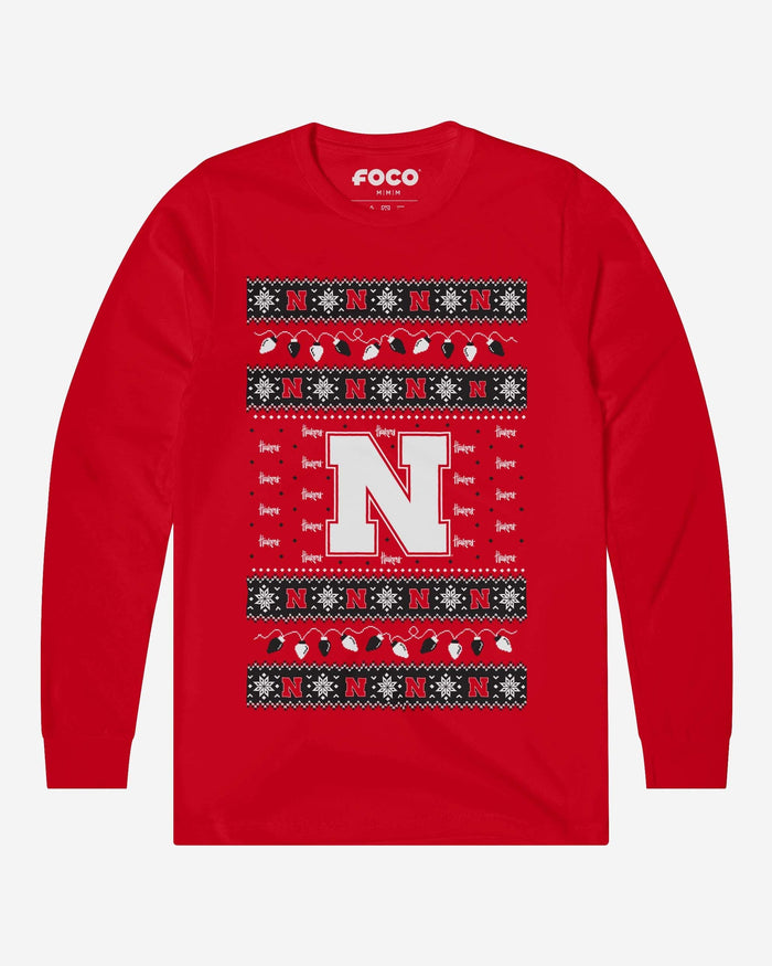 Nebraska Cornhuskers Holiday Lights Sweater Long Sleeve T-Shirt FOCO S - FOCO.com