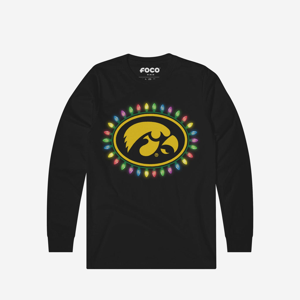 Iowa Hawkeyes Primary Logo Holiday Lights Long Sleeve T-Shirt FOCO S - FOCO.com