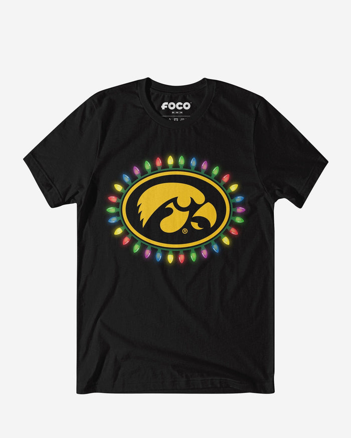 Iowa Hawkeyes Primary Logo Holiday Lights T-Shirt FOCO S - FOCO.com
