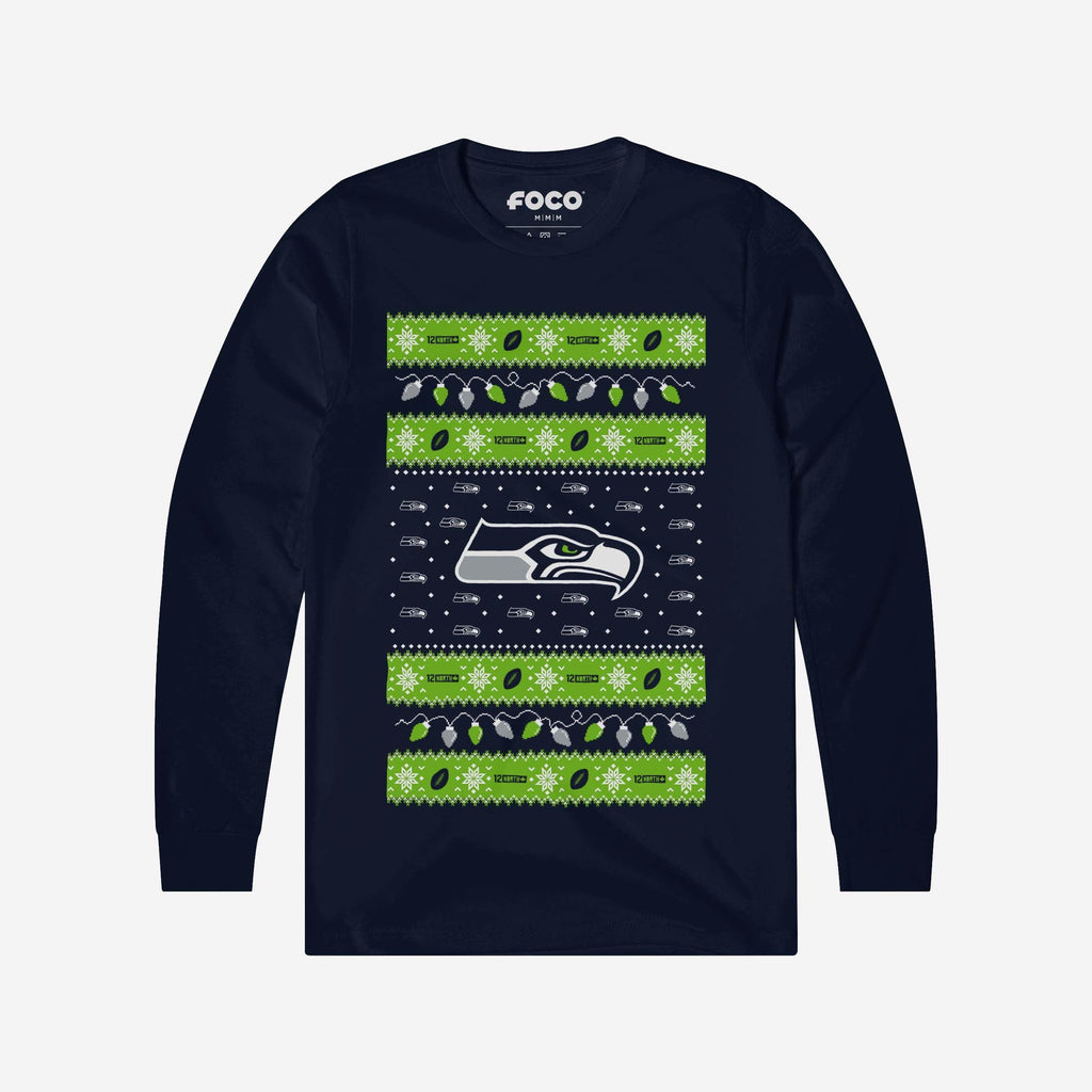 Seattle Seahawks Holiday Lights Sweater Long Sleeve T-Shirt FOCO S - FOCO.com