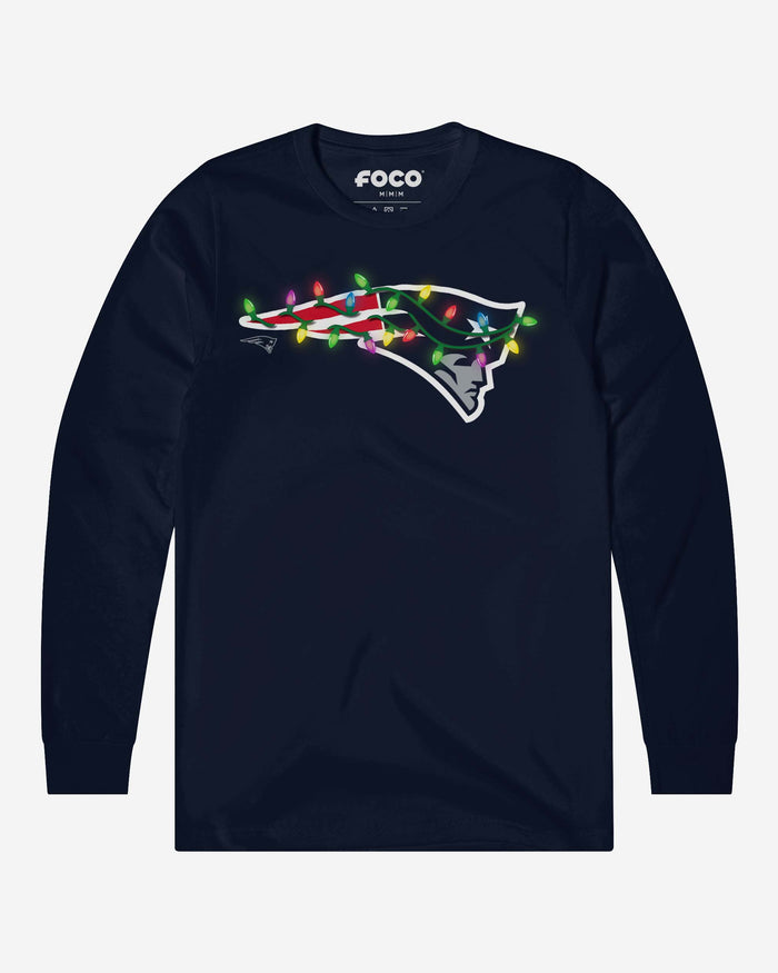 New England Patriots Primary Logo Holiday Lights Long Sleeve T-Shirt FOCO Navy S - FOCO.com