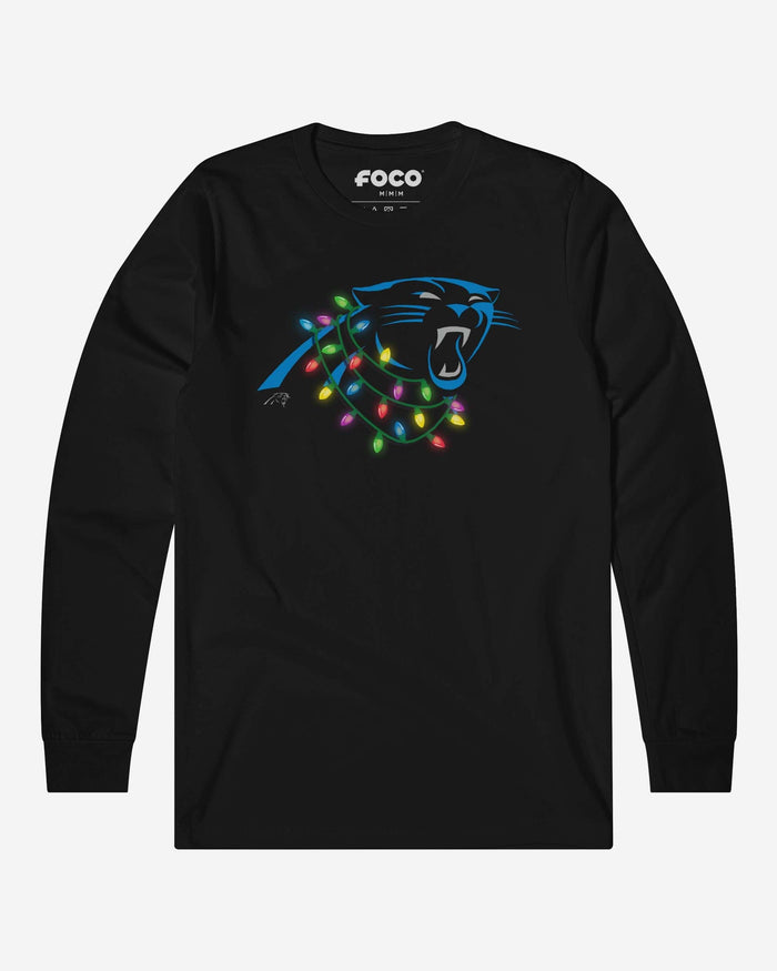 Carolina Panthers Primary Logo Holiday Lights Long Sleeve T-Shirt FOCO S - FOCO.com