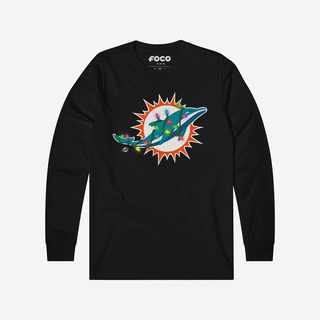 Miami Dolphins Primary Logo Holiday Lights Long Sleeve T-Shirt FOCO S - FOCO.com