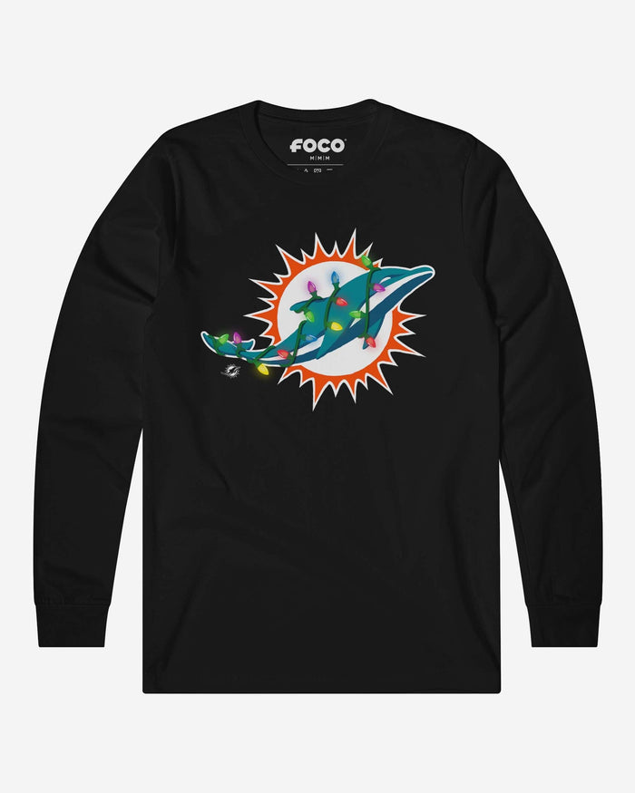 Miami Dolphins Primary Logo Holiday Lights Long Sleeve T-Shirt FOCO S - FOCO.com