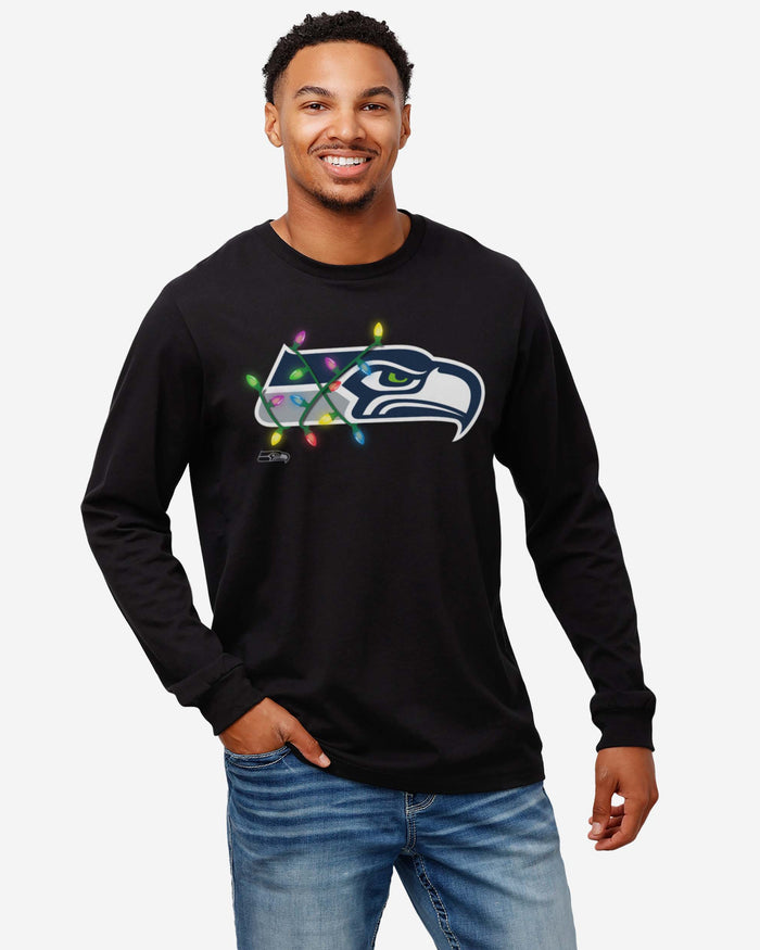 Seattle Seahawks Primary Logo Holiday Lights Long Sleeve T-Shirt